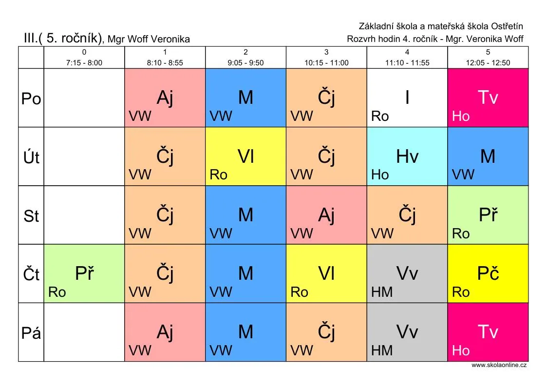 Rozvrh hodin – 5. třída